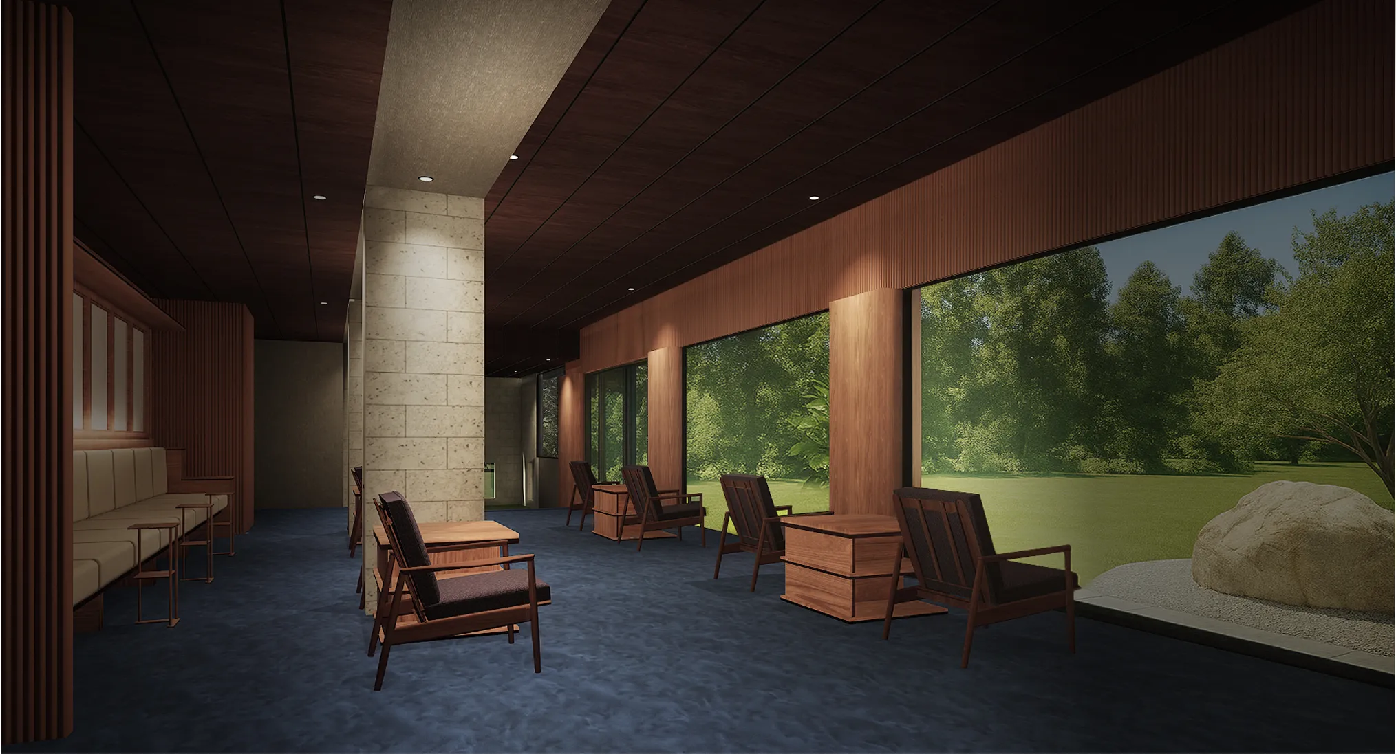 石柱と木のベンチが並ぶ落ち着いたラウンジスペース