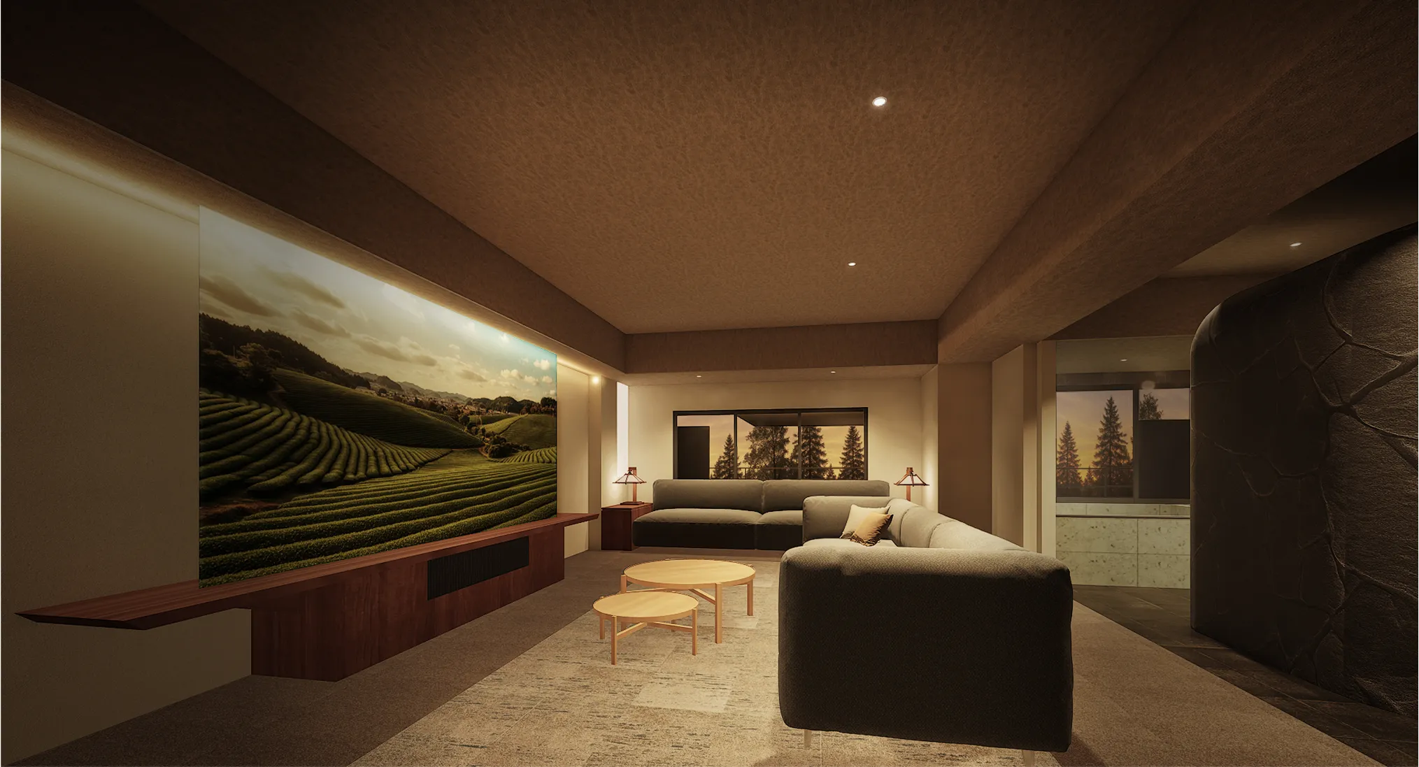 畳とソファが調和した和モダンの広い客室