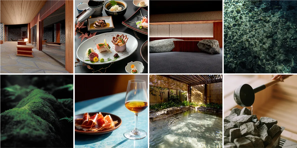 旅館のラウンジ、彩り豊かな会席料理、和モダンの客室、透き通った温泉の湯、苔むした岩、ワインと生ハムのセット、庭園露天